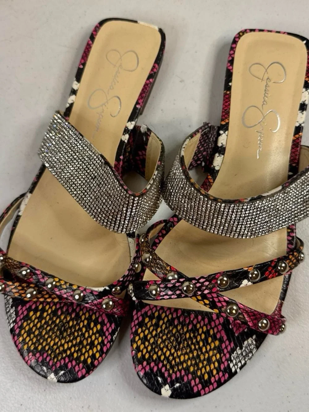 Jessica Simpson Pink and Gold Snakeskin Slide Sandals with Rhinestone Strap